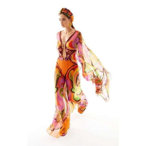 RAISA VANESSA PRINTED CHIFFON JUMPSUIT DEEP NECK AND GOLD BUCKLE - Picture 2 of 15